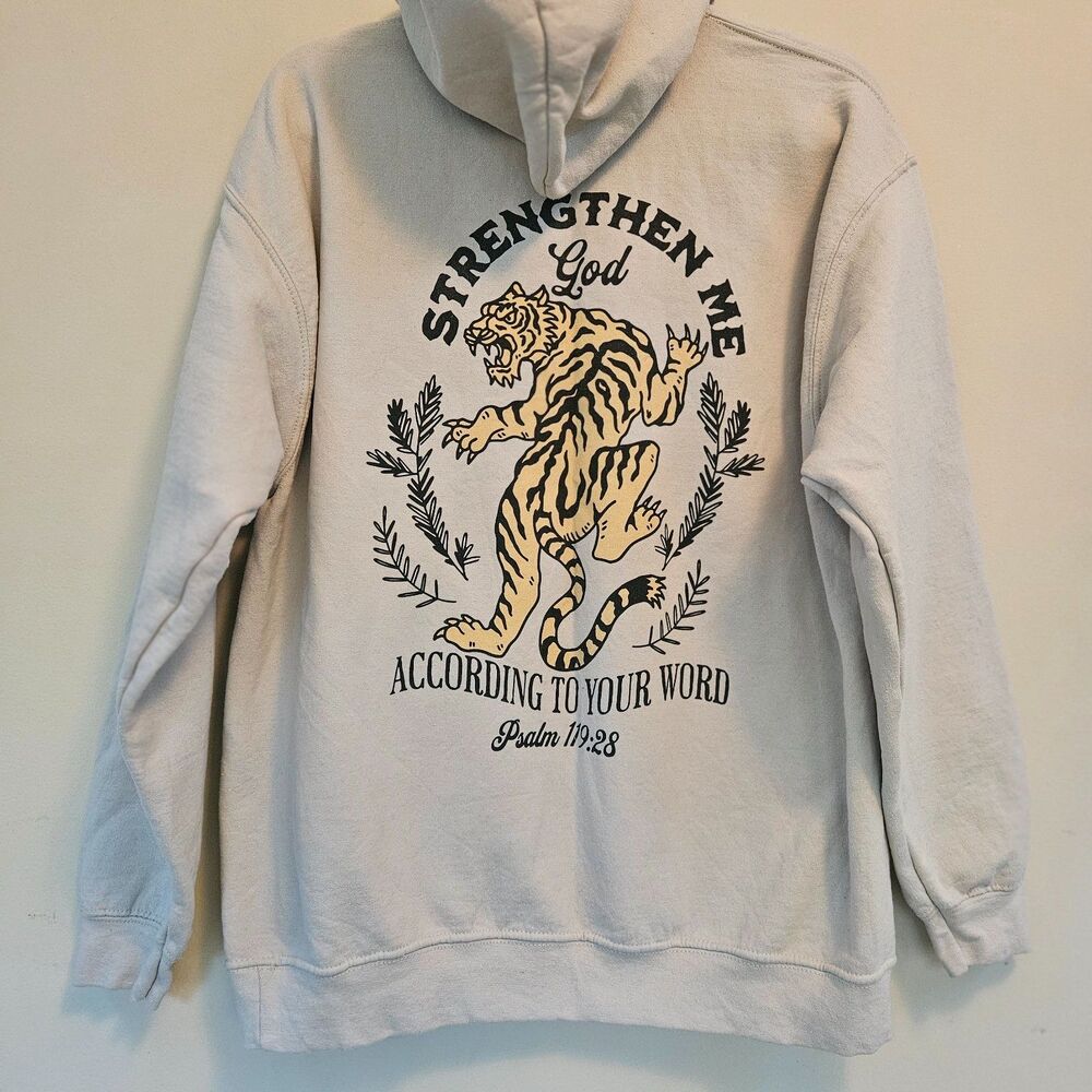 The Christian Boho Sweatshirt Hoodie Women Sz L Strengthen Me Psalm 119:23 Gray - Picture 3 of 7